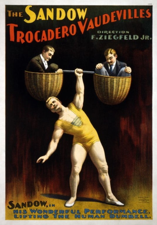 Sandow'un 1894'teki güçlü eylemlerini tanıtan poster