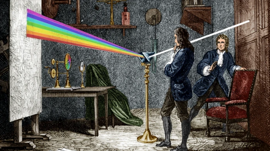 Newton'un ışığı cam prizma ile dağıtan bir çizimi
