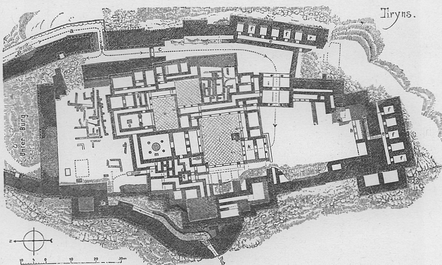 Bu dönemde yıkılan bir Miken şehri olan Tiryns'in bir çizimi.