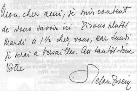 Stefan Zweig'in Parisli Dostlarından birine Fransızca notu