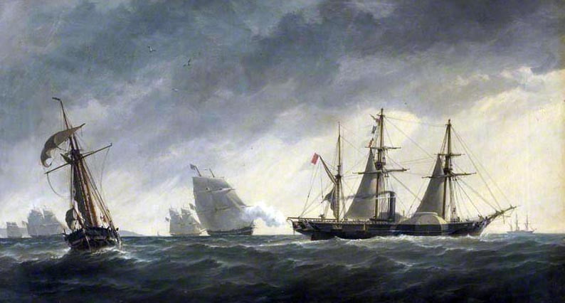 Bir Kraliyet Donanması zırhlısına karşı Rus ahşap savaş gemisi (solda) (sağda). Richard Henry Nibbs, Savaşın İlk Atışı