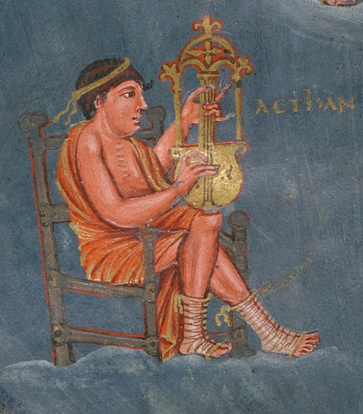 Karolenj Rönesans dönemi sanatı, bir Yunan müzisyeni bir citahara çalarken tasvir eder.