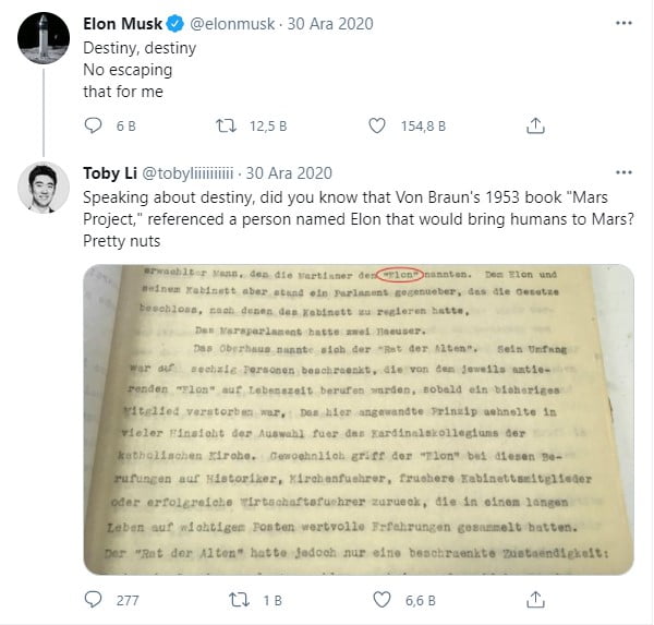 Elon Musk ve Toby Li adında birinin tweetleri